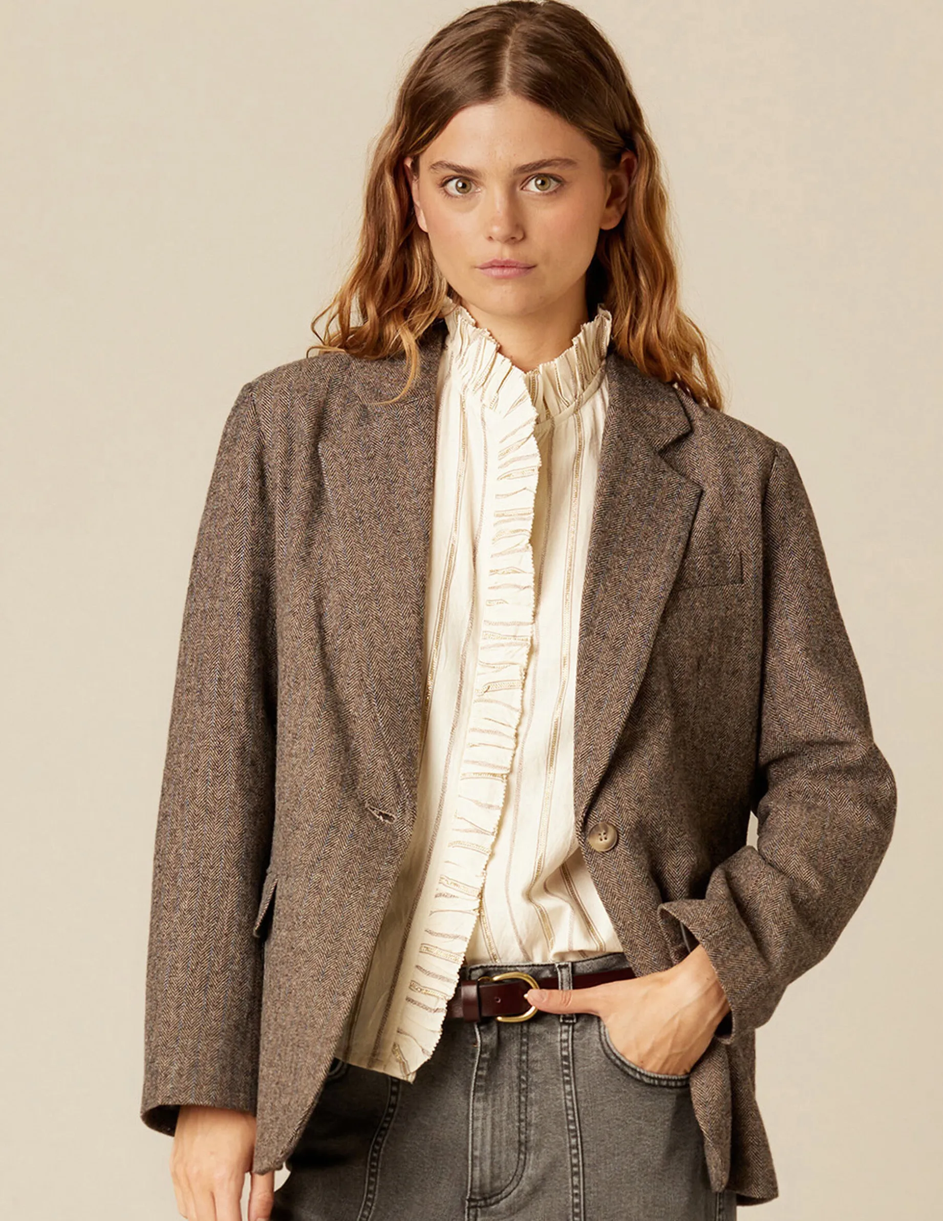 Best Sale NÍCOLI BLAZER ESPIGA MARRÓN RAYA AZUL Marrones