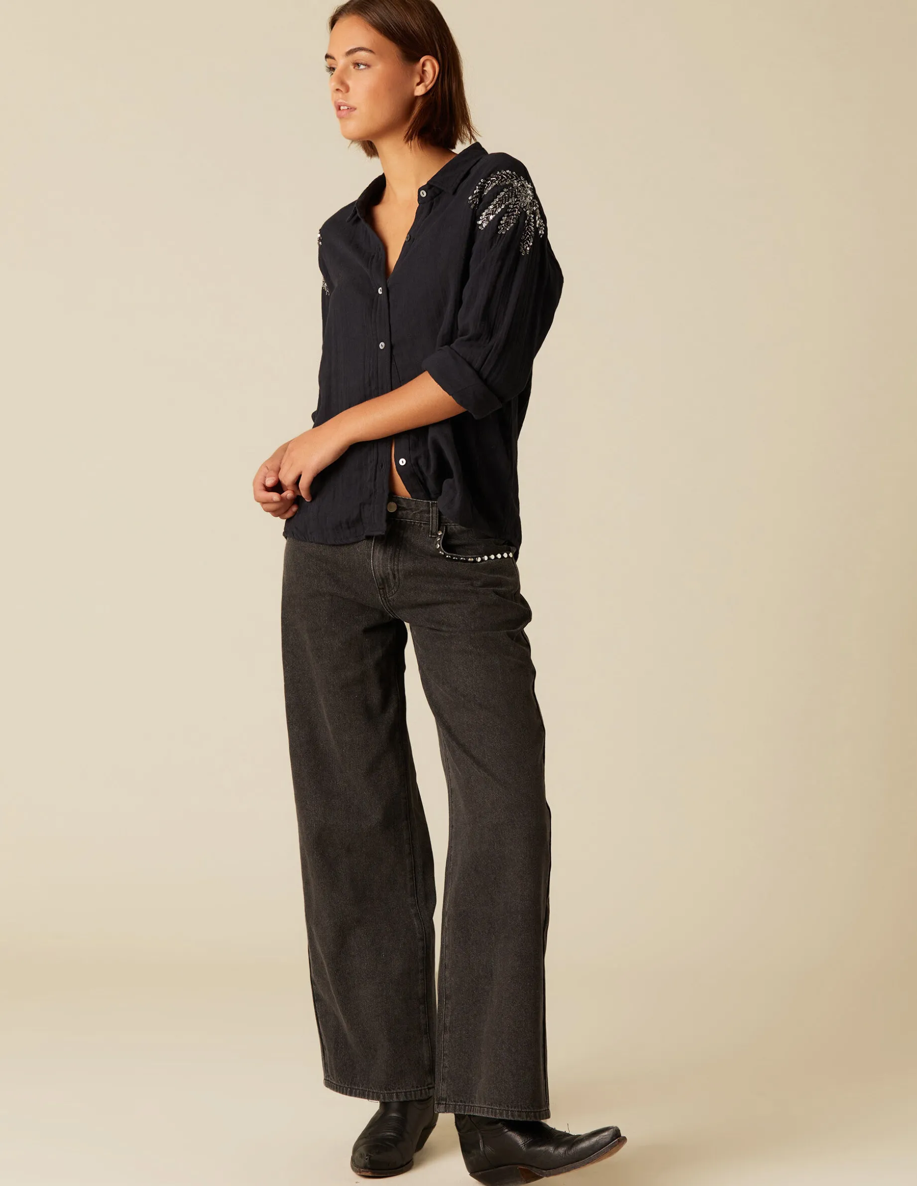 Best Sale NÍCOLI CAMISA PALMERA BEADS Grisesantracitas