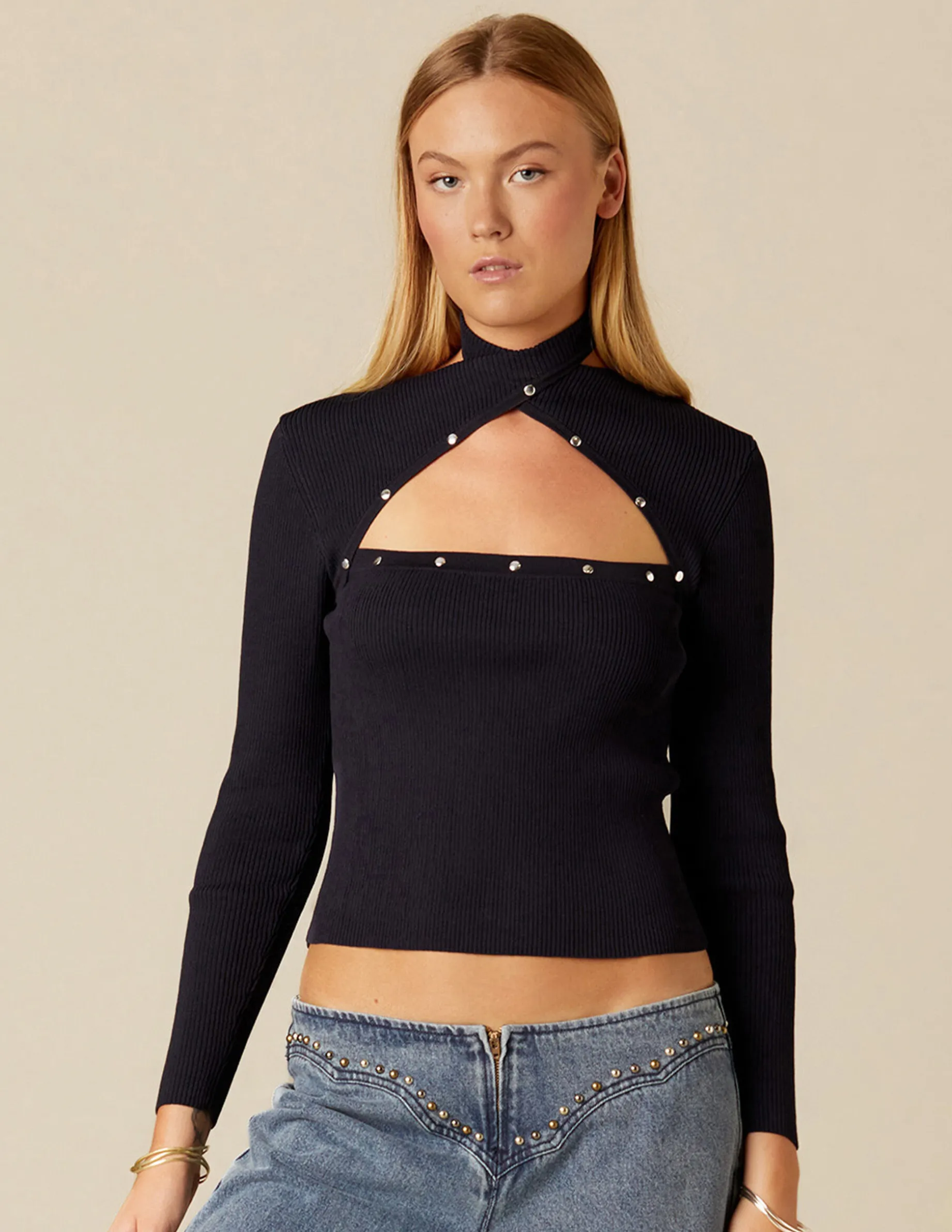 Shop NÍCOLI TOP ABERTURA ESCOTE TACHAS AZUL Azules